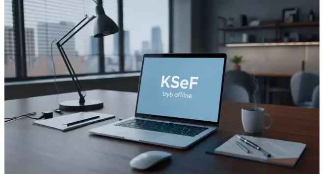 Napis KSeF tryb offline wyświetlany na laptopie