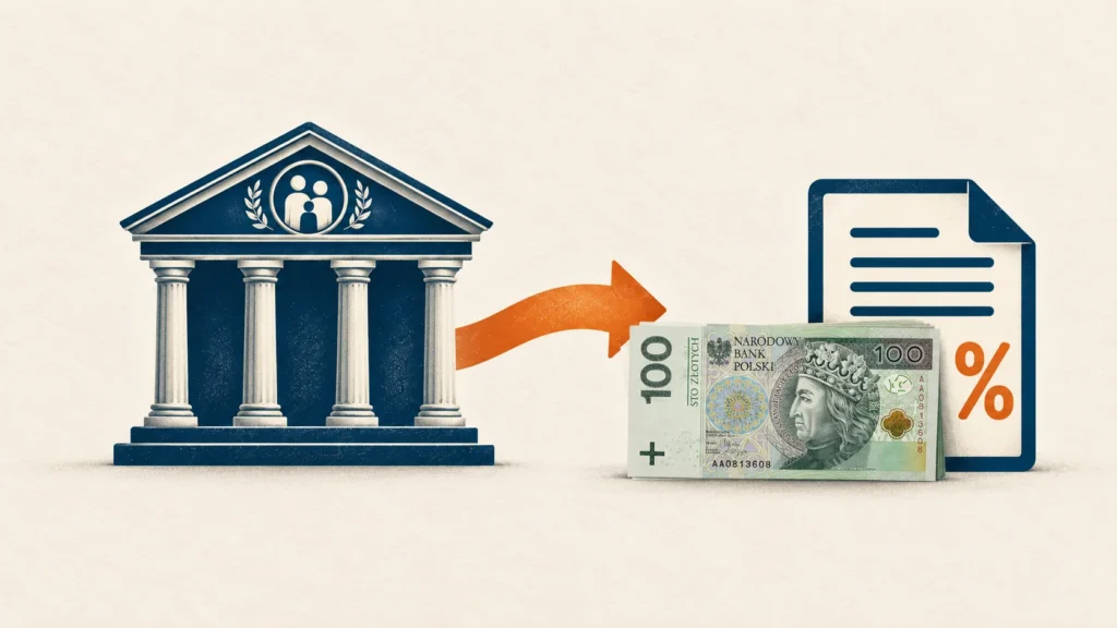Budynek z symbolem rodziny i strzałka prowadząca do banknotów oraz dokumentu ze znakiem procentu.