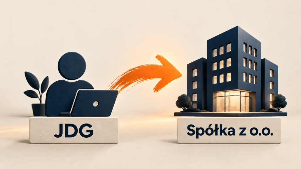 Przekształcenie JDG w spółkę z o.o. – przedsiębiorca przy laptopie i strzałka prowadząca do budynku spółki.