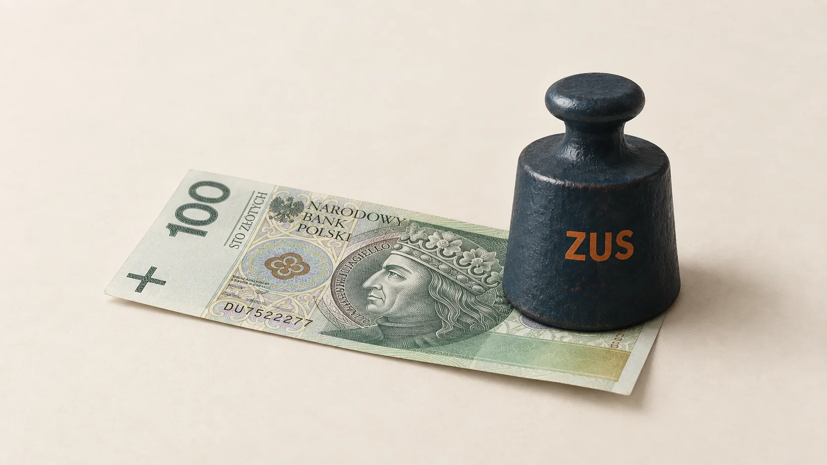 Banknot 100 zł przyciśnięty granatowym odważnikiem z napisem „ZUS”.