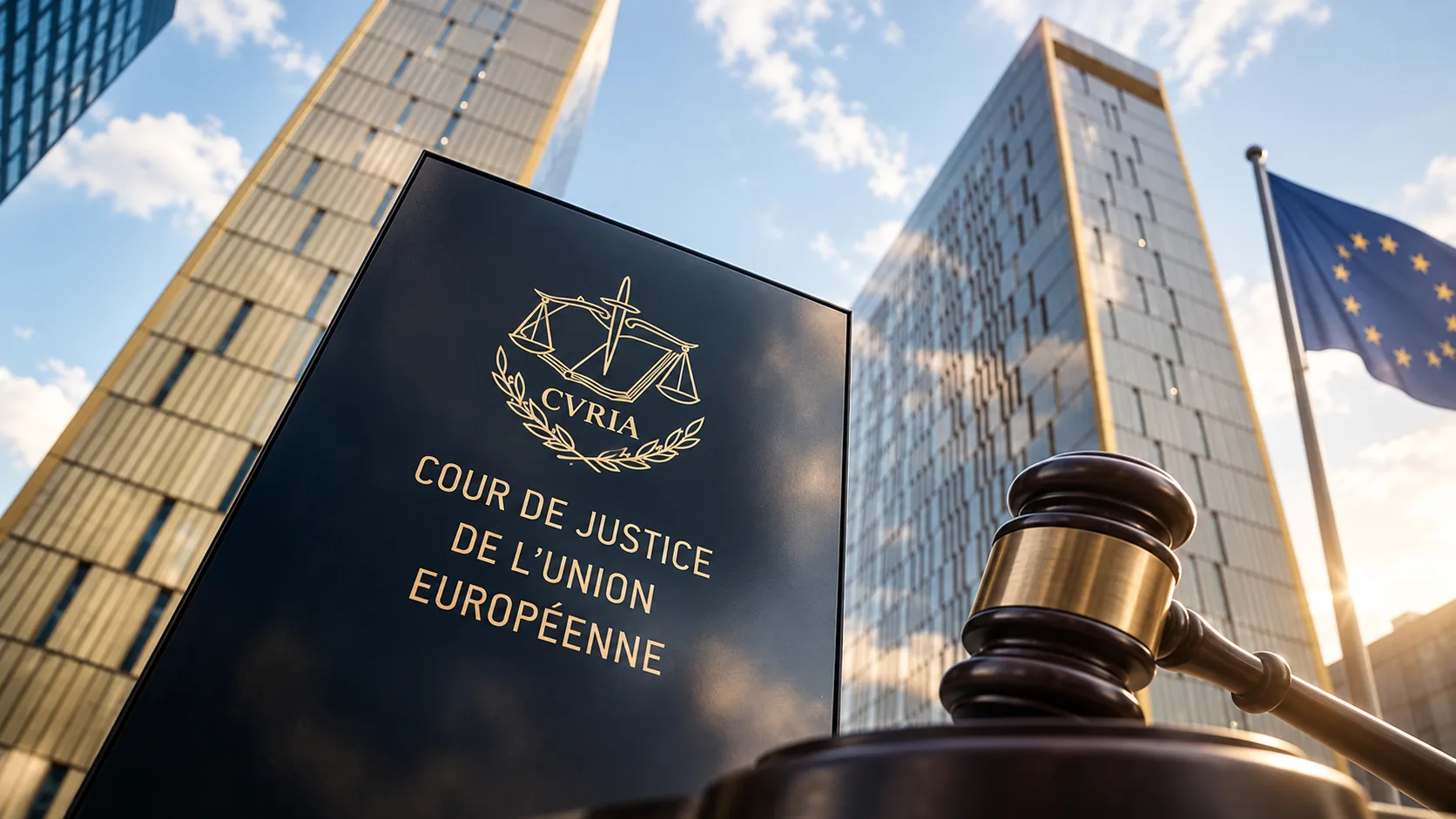 Młotek sędziowski i tablica Trybunału Sprawiedliwości Unii Europejskiej na tle jego budynków i flagi UE.
