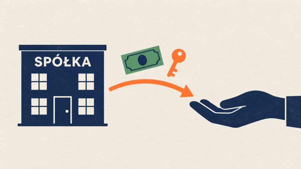 Budynek spółki, klucz i banknot nad strzałką skierowaną do otwartej dłoni.