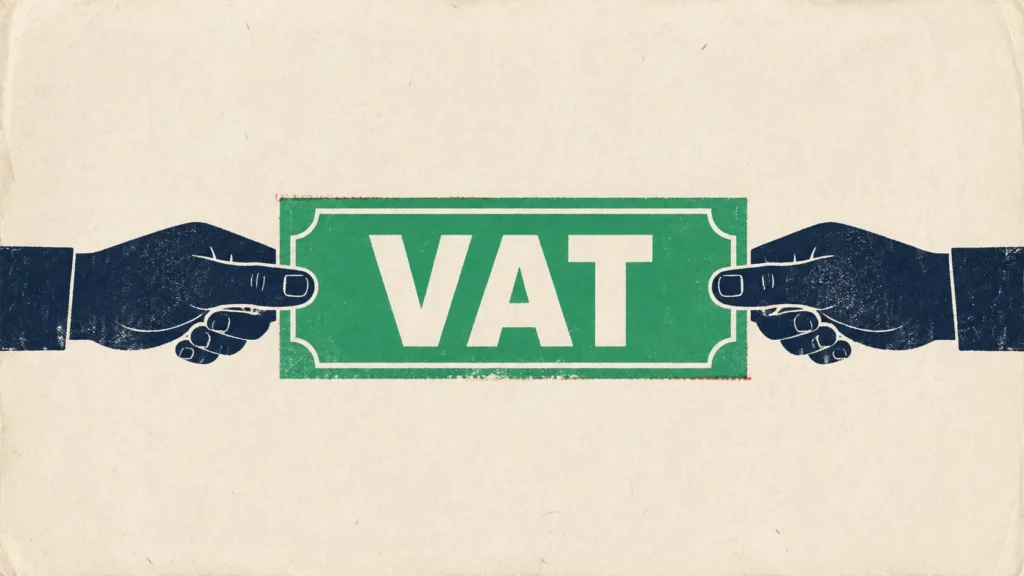 Dwie dłonie trzymające zielony banknot z napisem VAT