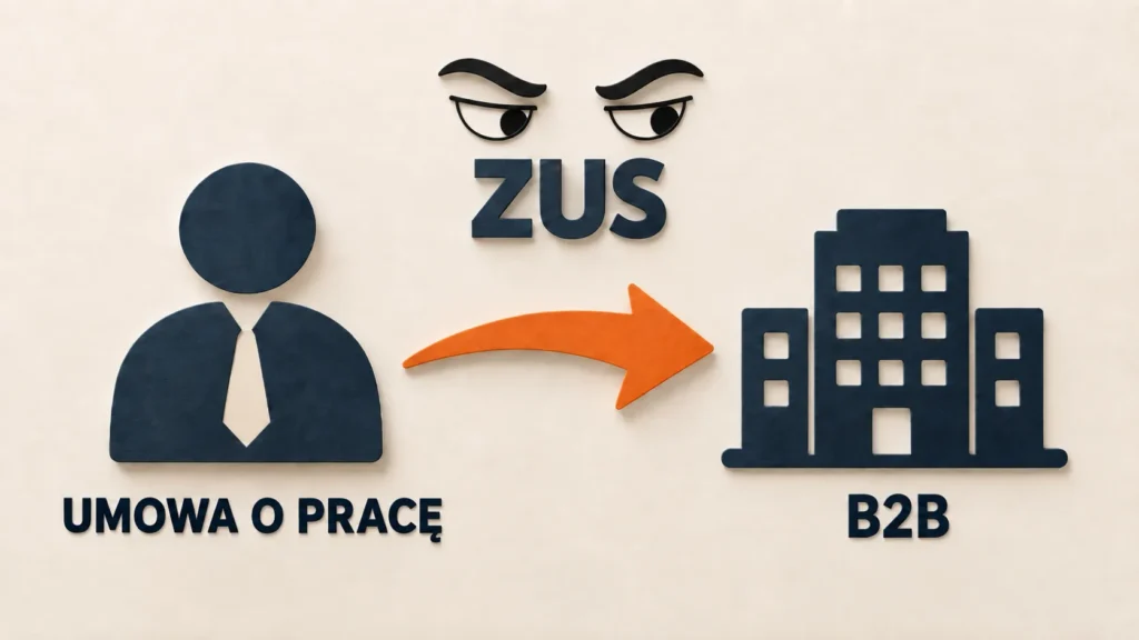 Symbole umowy o pracę i B2B połączone pomarańczową strzałką, nad nimi napis ZUS z podejrzliwym spojrzeniem.