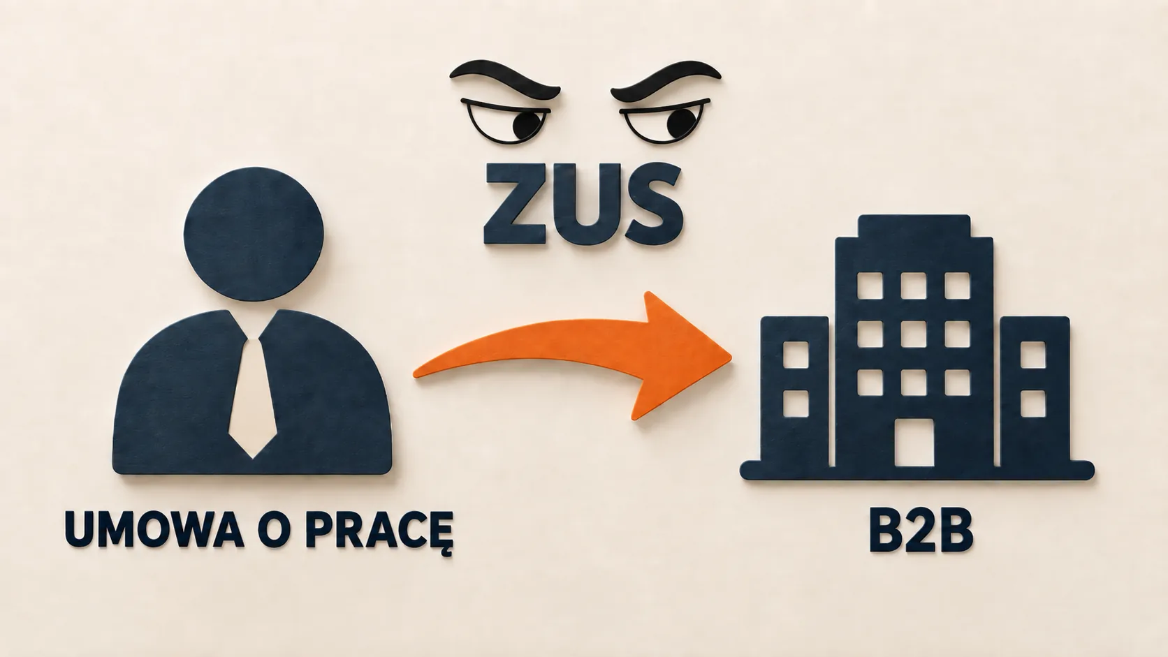 Symbole umowy o pracę i B2B połączone pomarańczową strzałką, nad nimi napis ZUS z podejrzliwym spojrzeniem.