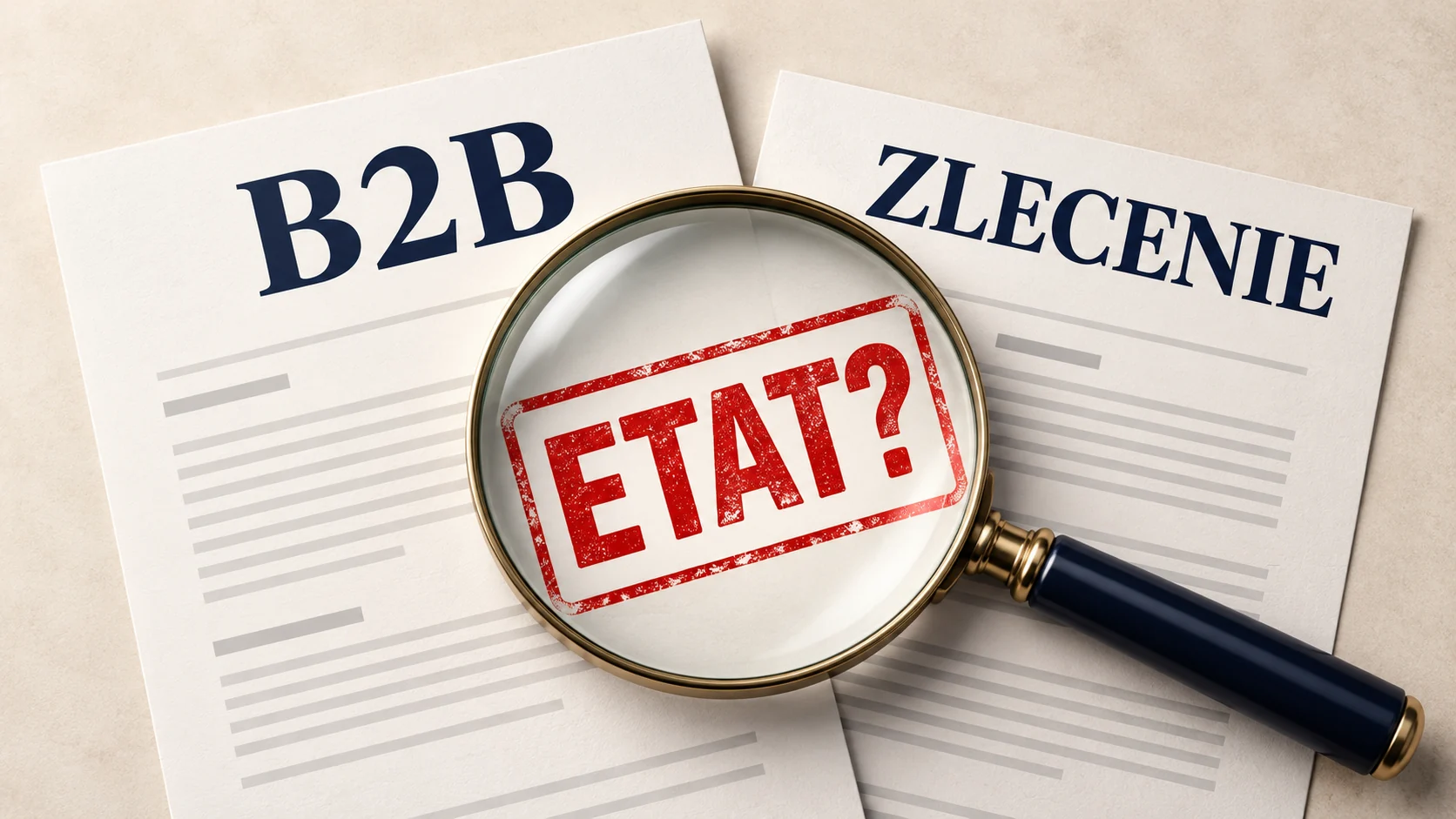 Dokumenty „B2B” i „ZLECENIE” pod lupą, z czerwonym stemplem „ETAT?”.
