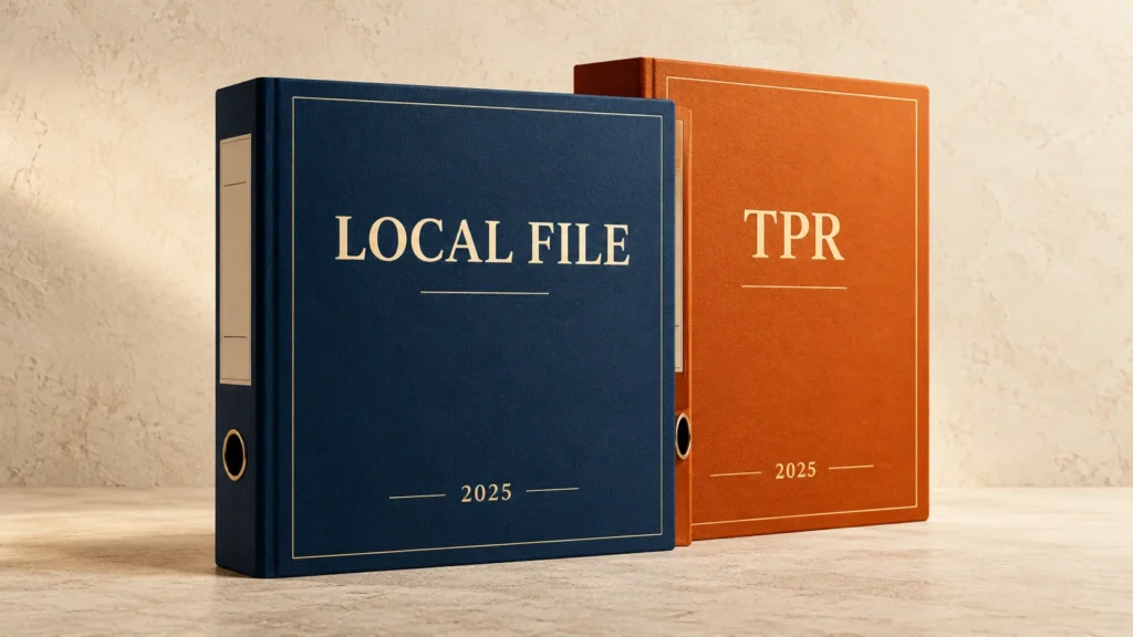 Granatowy segregator „LOCAL FILE” i pomarańczowy segregator „TPR” z oznaczeniem 2025 na kremowym tle.