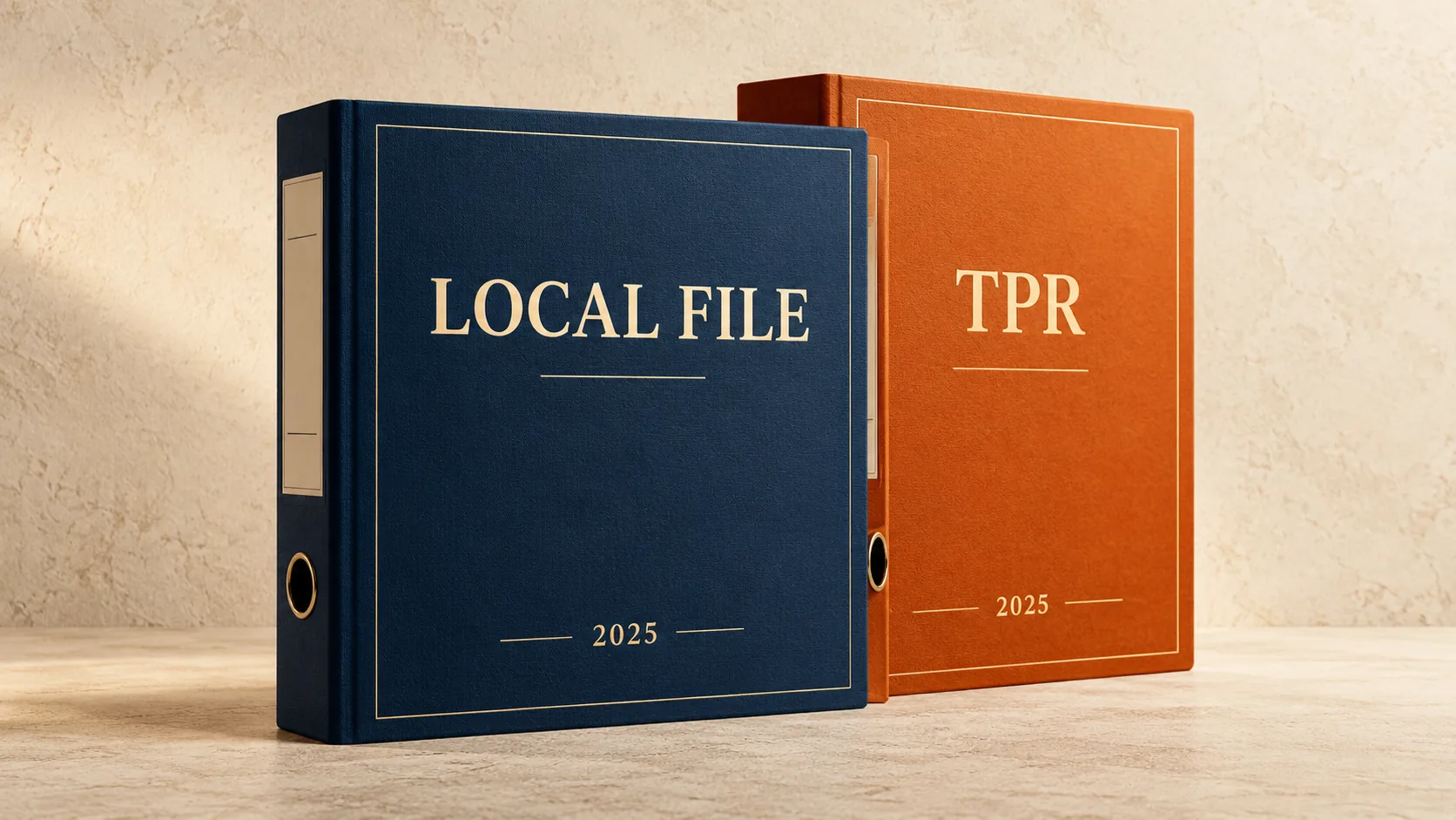 Granatowy segregator „LOCAL FILE” i pomarańczowy segregator „TPR” z oznaczeniem 2025 na kremowym tle.