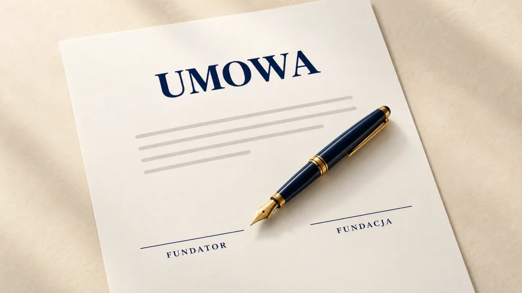 Granatowe pióro wieczne na umowie z miejscami na podpisy fundatora i fundacji.