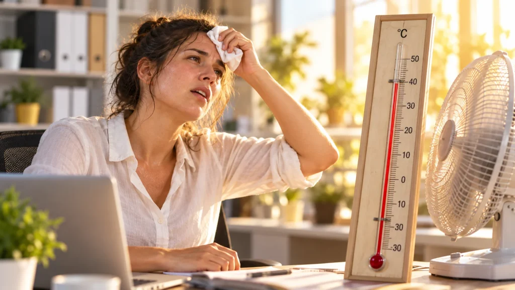 Kobieta ocierająca pot z czoła przy biurku, obok wentylatora i termometru wskazującego około 40°C.