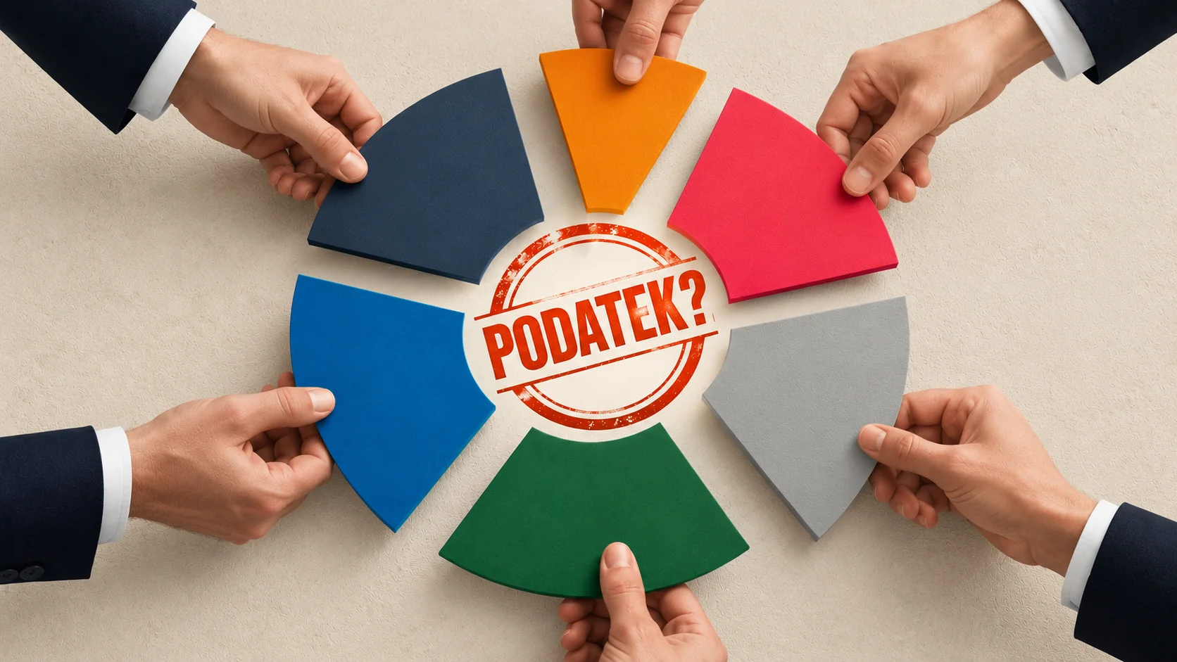 Dłonie trzymające kolorowe części koła wokół czerwonego stempla „PODATEK?”.