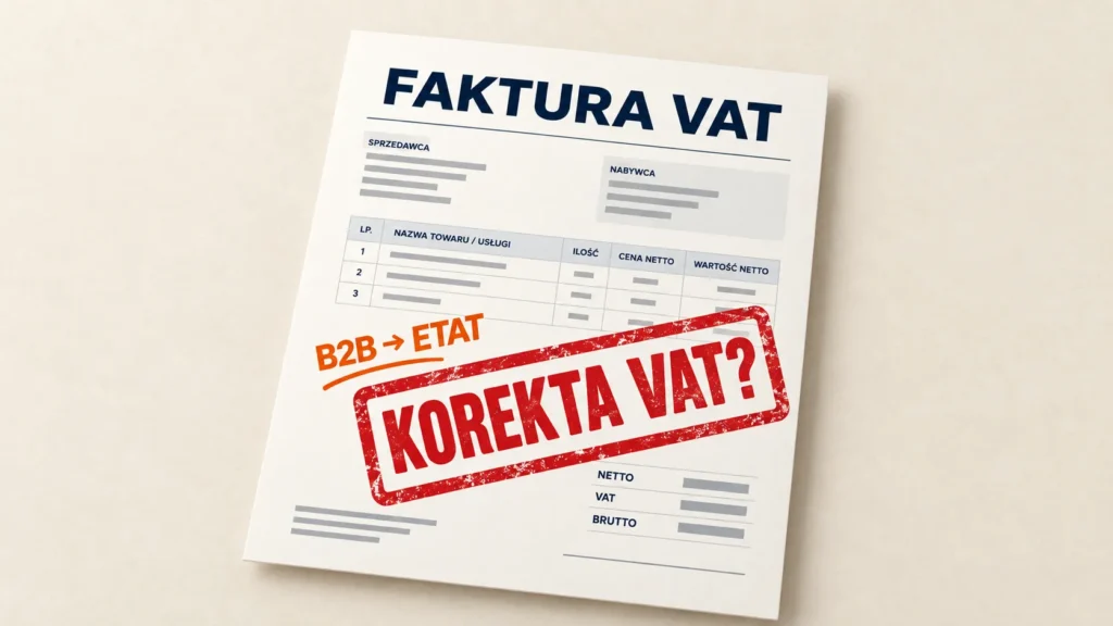 Faktura VAT z pomarańczowym napisem „B2B → ETAT” i czerwonym stemplem „KOREKTA VAT?”.