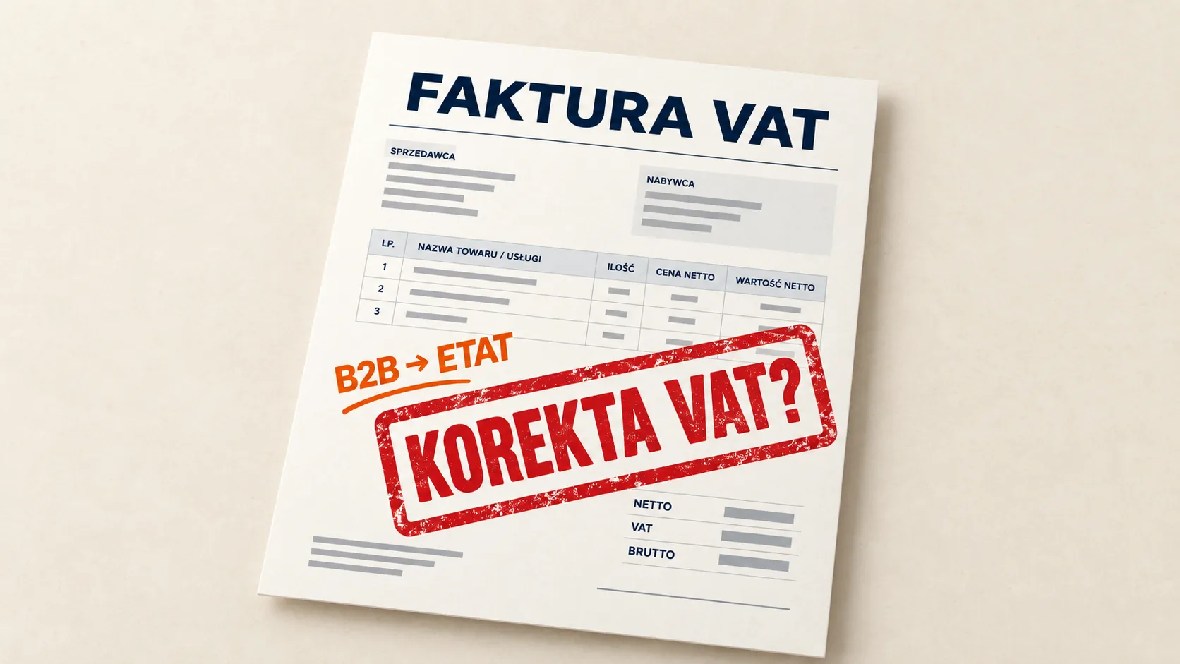 Faktura VAT z pomarańczowym napisem „B2B → ETAT” i czerwonym stemplem „KOREKTA VAT?”.